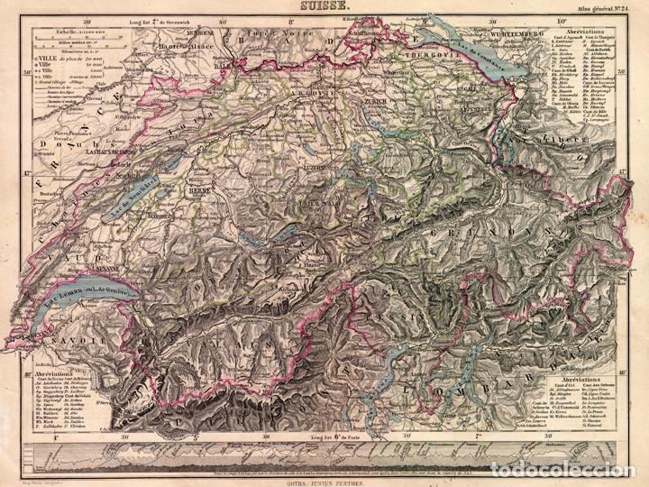 Arte: MAPA DE SUIZA EN 1900, JUSTUS PERTHES, GRABADO DE COBRE. CARTOGRAF&Iacute;A, CARTA GEOGR&Aacute;FICA