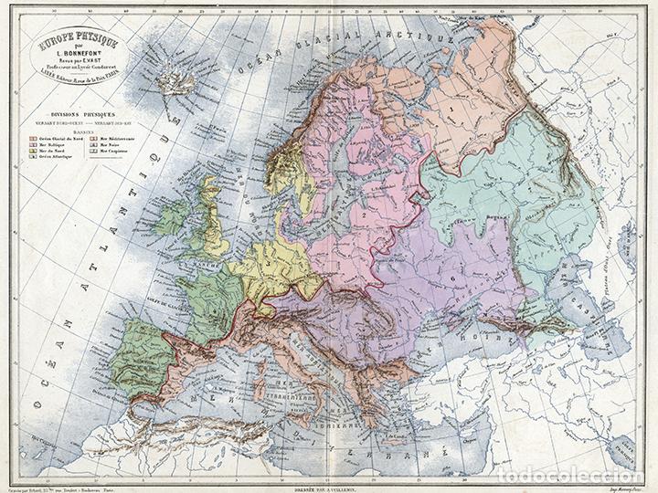 Arte: MAPA F&Iacute;SICO DE EUROPA, DE 1884, VUILLEMIN & BONNEFONT, LITOGRAF&Iacute;A. CARTOGRAF&Iacute;A, CONTIENTE EUROPEO