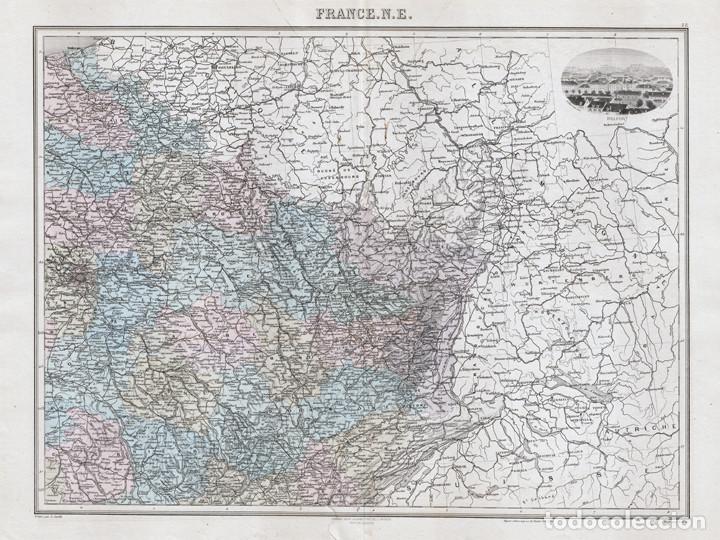 Arte: MAPA DEL NORESTE DE FRANCIA, DE 1894. LITOGRAF&Iacute;A COLOREADA DE LACOSTE Y L. SMITH. ATLAS MIGEON