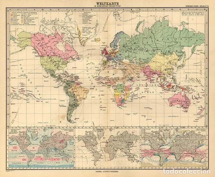 Art: MAPAMUNDI (GRABADO COBRE DE 1891) POL&Iacute;TICO SEG&Uacute;N LA PROYECCI&Oacute;N DE MERCATOR. STIELER&rsquo;S HAND-ATLAS