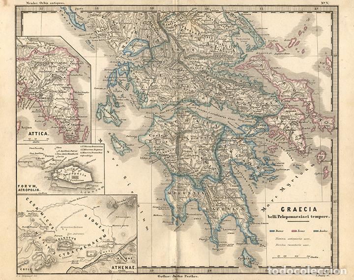 Arte: MAPA DE LA ANTIGUA GRECIA, GUERRA DEL PELOPONESO, GRABADO COBRE 1866, THEODOR MENKE, COLOREADO MANO