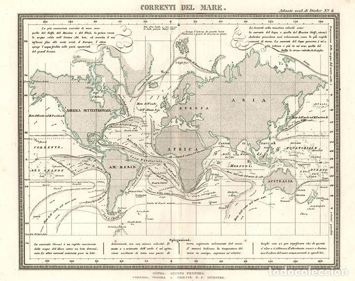 Arte: MAPAMUNDI DE LAS CORRIENTES MARINAS, DE 1865, JUSTUS PERTHES, GRABADO COBRE. CARTA, CARTOGRAF&Iacute;A