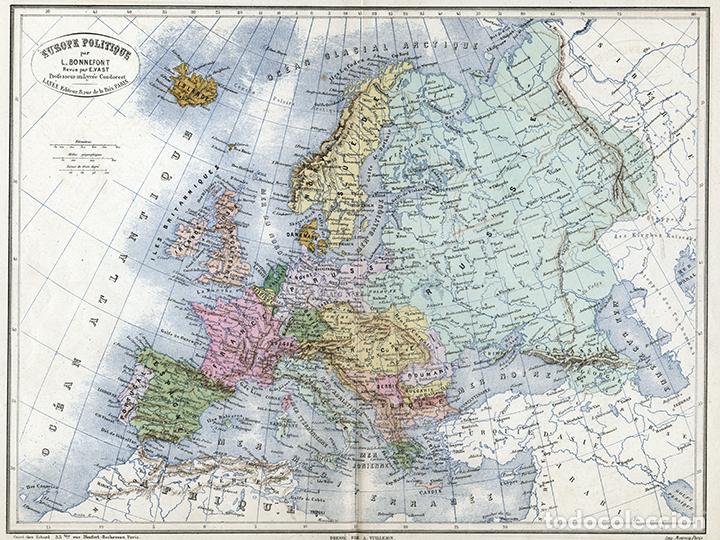 Arte: MAPA POL&Iacute;TICO DE EUROPA EN 1884, VUILLEMIN & BONNEFONT, LITOGRAF&Iacute;A. CARTOGRAF&Iacute;A, CONTINENTE EUROPEO