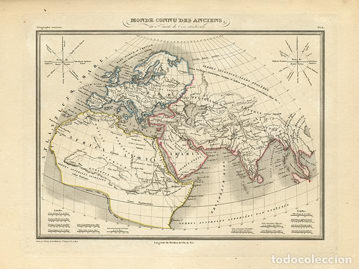 Arte: MAPA DEL MUNDO CONOCIDO POR LOS ANTIGUOS, MALTE-BRUN, 1837. GRABADO AL ACERO, COLOREADO. THIERRY