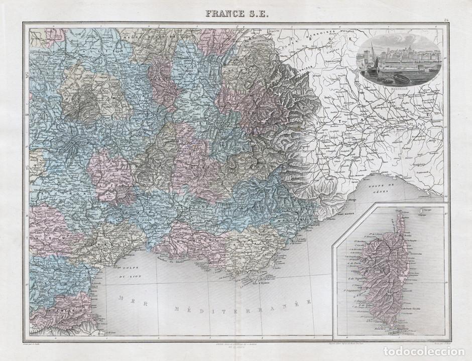 Arte: MAPA DEL SUDESTE DE FRANCIA, DE 1894. LITOGRAF&Iacute;A COLOREADA DE LACOSTE Y L. SMITH. ATLAS MIGEON