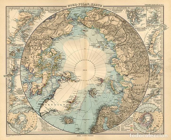 Arte: MAPA (GRABADO DE COBRE DE 1890) DEL POLO NORTE O REGI&Oacute;N &Aacute;RTICA. STIELER&rsquo;S HAND-ATLAS