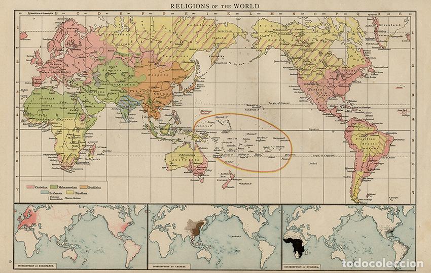 Art: MAPA DE LAS RELIGIONES DEL MUNDO, DE 1895. LITOGRAF&Iacute;A COLOREADA, PRIMERA EDICI&Oacute;N DEL TIMES ATLAS