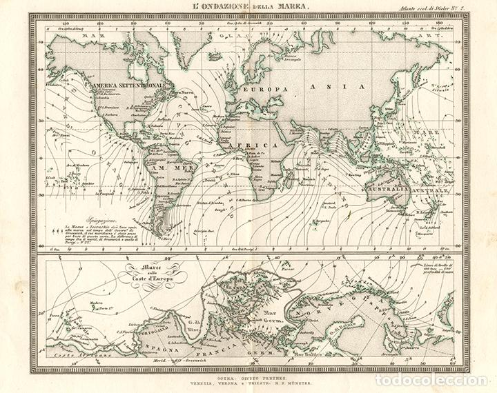 Arte: MAPAMUNDI DE LA PROPAGACI&Oacute;N DE LAS MAREAS, DE 1865, JUSTUS PERTHES, GRABADO COBRE. CARTA GEOGR&Aacute;FICA