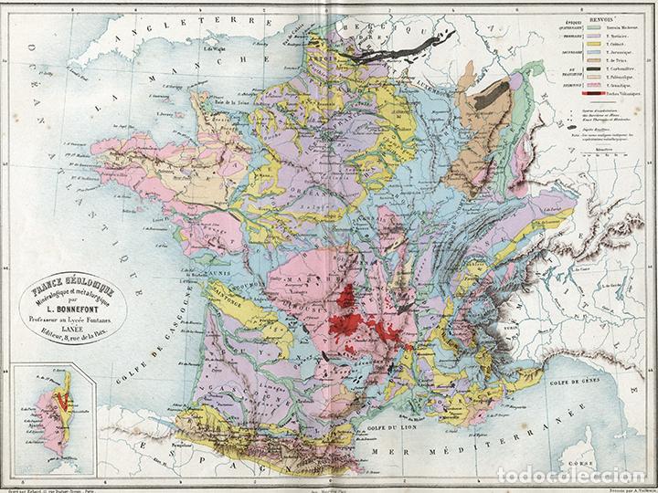 Arte: MAPA GEOL&Oacute;GICO DE FRANCIA, DE 1884, VUILLEMIN & BONNEFONT, LITOGRAF&Iacute;A. CARTOGRAF&Iacute;A, GEOLOG&Iacute;A CARTA
