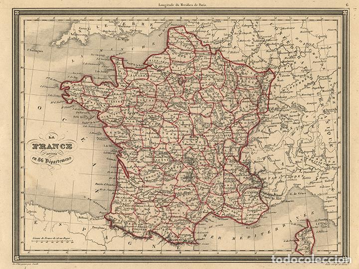Kunst: MAPA DE FRANCIA TRAS LA CA&Iacute;DA DEL IMPERIO NAPOLE&Oacute;NICO, VUILLEMIN, 1845. GRABADO AL ACERO, COLOREADO