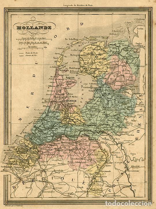 Kunst: MAPA DE HOLANDA, DE 1850, POR VUILLEMIN. GRABADO AL ACERO, COLOREADO A MANO. PA&Iacute;SES BAJOS, NEDERLAND