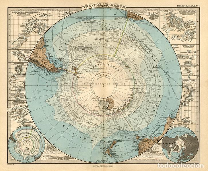 Arte: MAPA (GRABADO COBRE DE 1890) DEL POLO SUR O REGI&Oacute;N ANT&Aacute;RTICA. STIELER&rsquo;S HAND-ATLAS