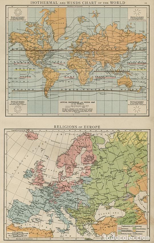 Kunst: MAPAS DE ISOTERMAS, VIENTOS Y RELIGIONES DE EUROPA, DE 1895. LITOGRAF&Iacute;A DE LA 1&ordf; ED. DEL TIMES ATLAS