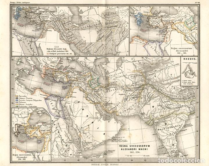 Arte: MAPA DE LOS SUCESORES DE ALEJANDRO MAGNO, DE 1866, DE THEODOR MENKE, GRABADO COBRE, COLOREADO A MANO