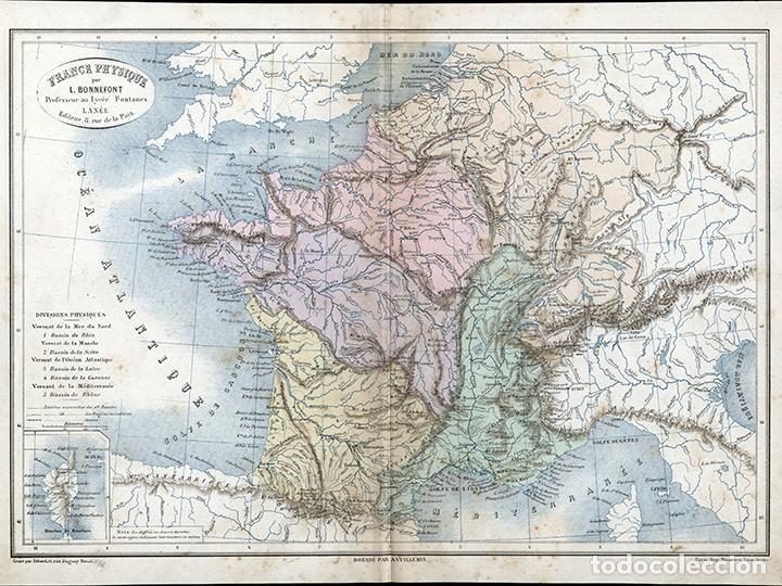 Arte: MAPA F&Iacute;SICO DE FRANCIA, DE 1884, VUILLEMIN & BONNEFONT, LITOGRAF&Iacute;A. CARTOGRAF&Iacute;A, OROGRAF&Iacute;A, R&Iacute;OS
