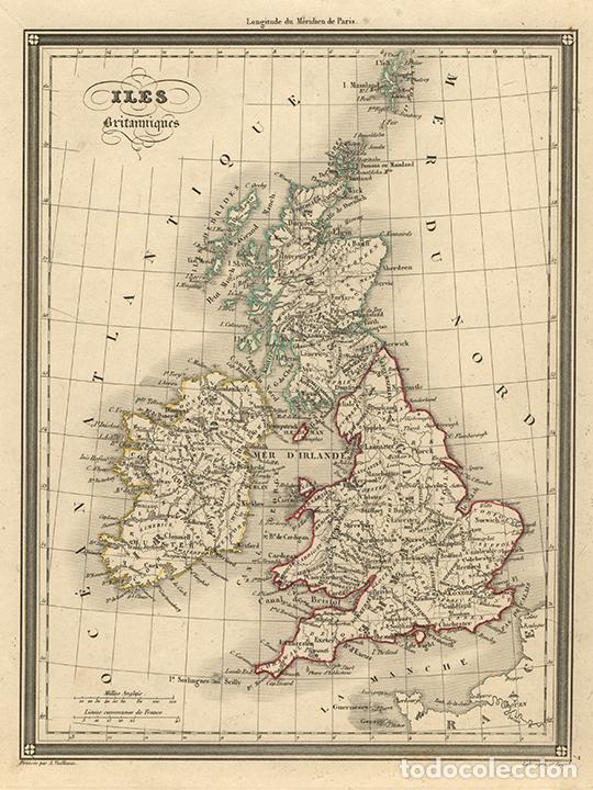 Arte: MAPA DEL REINO UNIDO DE GRAN BRETA&Ntilde;A, DE 1845, POR VUILLEMIN. GRABADO AL ACERO, COLOREADO A MANO
