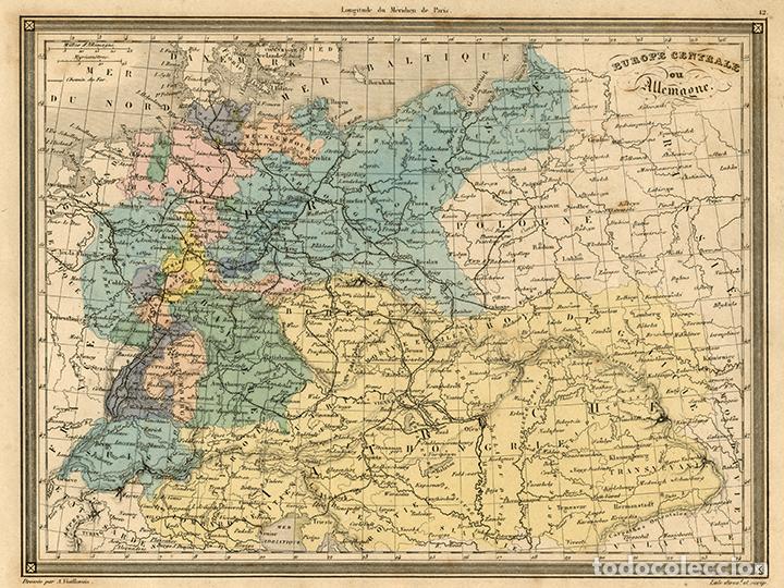Arte: MAPA DE EUROPA CENTRAL, DE 1850, POR VUILLEMIN. GRABADO AL ACERO, COLOREADO A MANO. PRUSIA, AUSTRIA