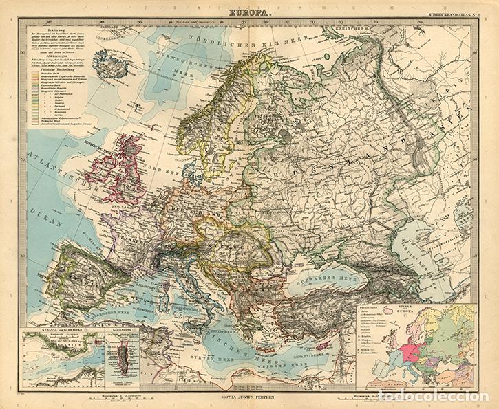 Arte: MAPA (GRABADO COBRE DE 1890) DE EUROPA. STIELER&rsquo;S HAND-ATLAS. CUADRO CON GIBRALTAR Y ESTRECHO