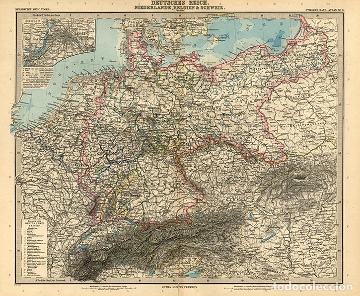 Arte: MAPA (GRABADO COBRE DE 1890) GENERAL DEL IMPERIO ALEM&Aacute;N (II REICH), HOLANDA, SUIZA... STIELER&rsquo;S