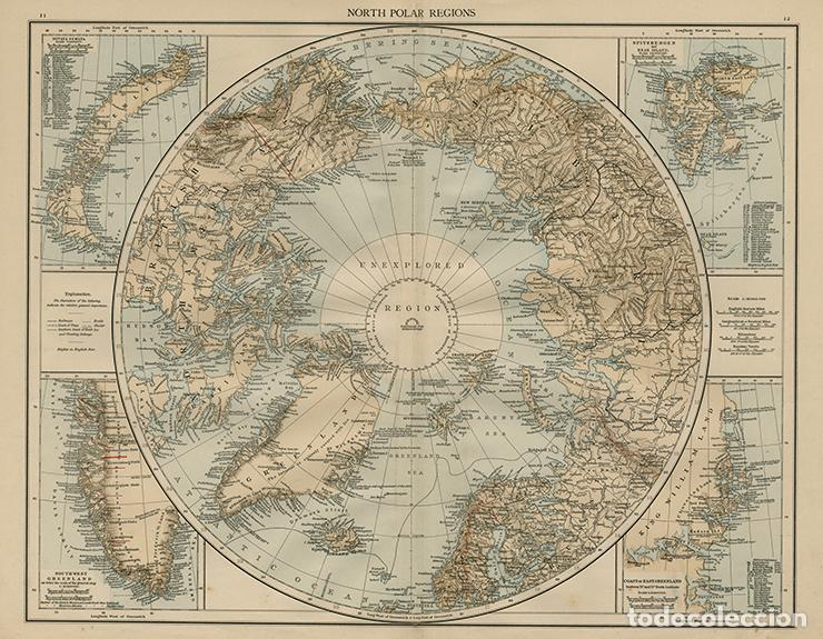 Arte: MAPA DEL POLO NORTE (REGI&Oacute;N POLAR), DE 1895. LITOGRAF&Iacute;A COLOREADA DE LA 1&ordf; EDICI&Oacute;N DEL TIMES ATLAS