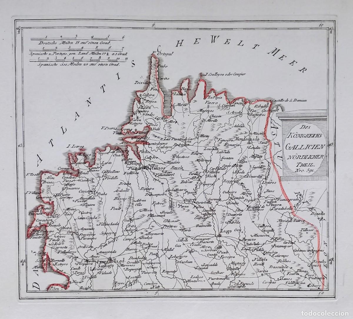 Arte: Mapa Galicia, zona de La Coru&ntilde;a, Lugo, Santiago de Compostela, Ribadeo - Reilly - A&ntilde;o 1791