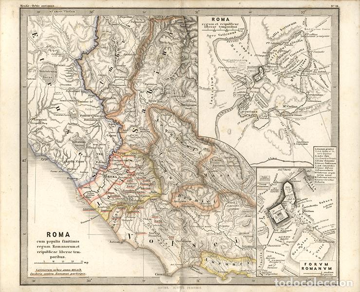 Arte: MAPA DE LA ROMA ANTIGUA, DE 1866, DE THEODOR MENKE, GRABADO DE COBRE, COLOREADO A MANO