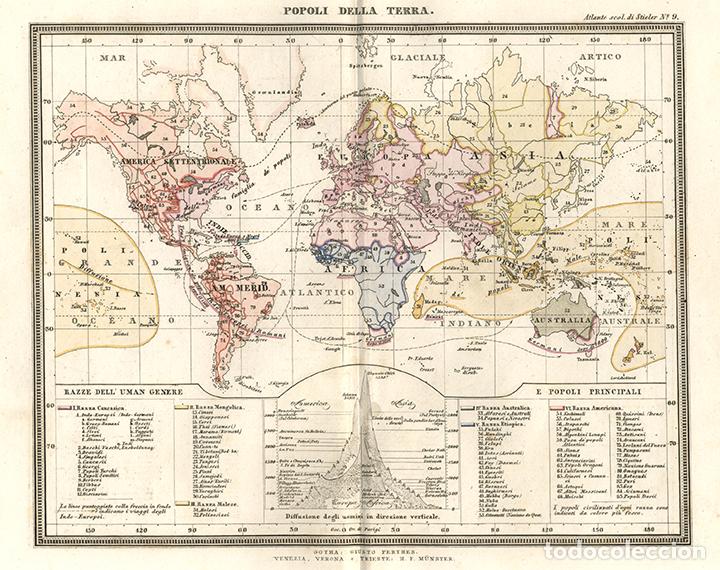 Arte: MAPAMUNDI DE LOS PUEBLOS DE LA TIERRA, DE 1865, JUSTUS PERTHES, GRABADO COBRE. CARTA GEOGR&Aacute;FICA