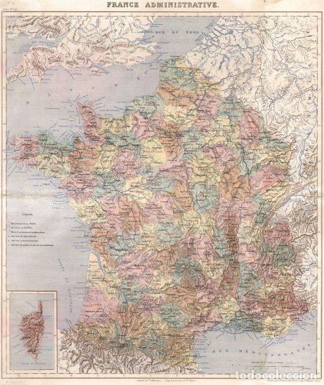 Arte: MAPA ADMINISTRATIVO DE FRANCIA DE 1887, MAPA MILITAR ATLAS SAINT-CYR, LITOGRAF&Iacute;A. CARTOGRAF&Iacute;A, CARTA