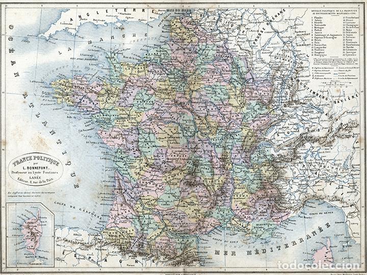 Arte: MAPA POL&Iacute;TICO DE FRANCIA EN 1884, VUILLEMIN & BONNEFONT, LITOGRAF&Iacute;A. CARTA GEOGR&Aacute;FICA, CARTOGRAF&Iacute;A