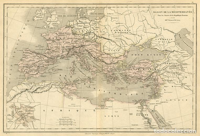 Arte: MAPA DE LAS GUERRAS MEDITERR&Aacute;NEAS DE LA REP&Uacute;BLICA ROMANA, LITOGRAF&Iacute;A DE 1865 DE DRIOUX & LEROY