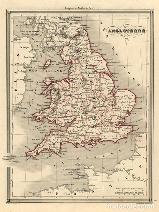 Arte: MAPA DE INGLATERRA Y GALES, DE 1845, POR VUILLEMIN. GRABADO AL ACERO, COLOREADO A MANO. REINO UNIDO