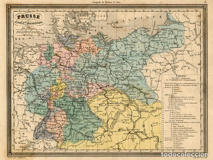 Arte: MAPA DE PRUSIA Y LA CONFEDERACI&Oacute;N GERM&Aacute;NICA, DE 1850, VUILLEMIN. GRABADO AL ACERO, COLOREADO A MANO
