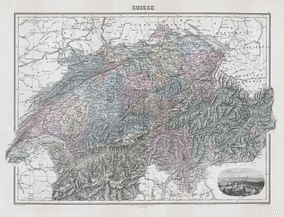Arte: MAPA DE SUIZA DE 1894. LITOGRAF&Iacute;A COLOREADA DE LACOSTE Y L. SMITH. CARTOGRAF&Iacute;A, ATLAS MIGEON