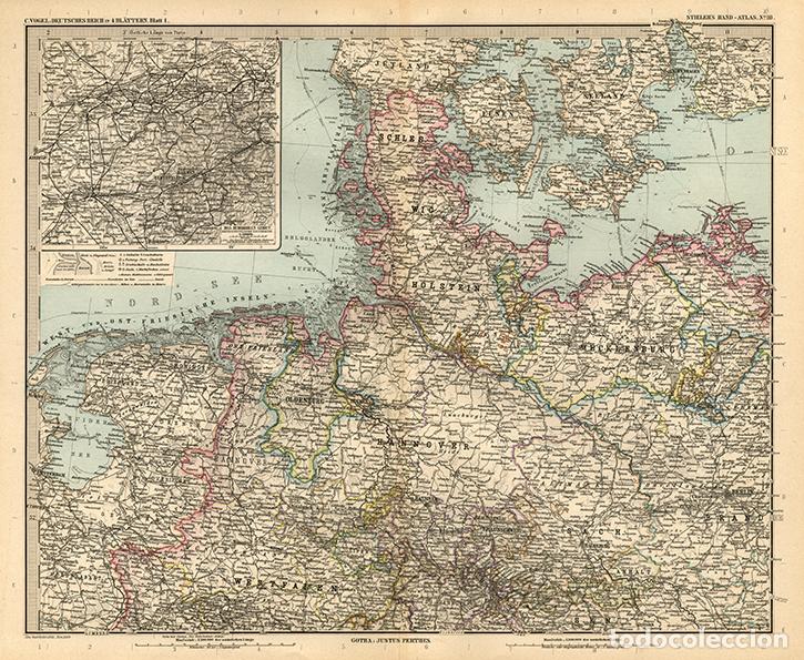 Kunst: MAPA (GRABADO COBRE DE 1889) DEL NORTE DEL IMPERIO ALEM&Aacute;N (II REICH) Y CUENCA DEL RUHR. STIELER&rsquo;S