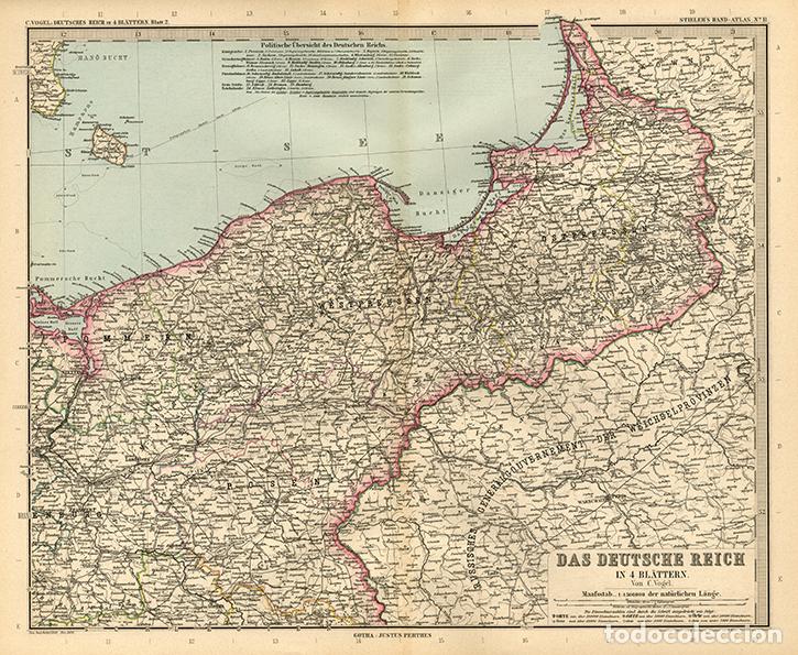 Arte: MAPA (GRABADO COBRE DE 1889) DE LA ZONA NORORIENTAL DEL IMPERIO ALEM&Aacute;N (II REICH), PRUSIA. STIELER&rsquo;S