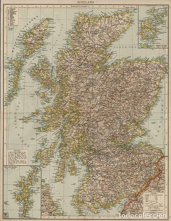 Arte: MAPA DE ESCOCIA, DE 1895. LITOGRAF&Iacute;A COLOREADA DE LA PRIMERA EDICI&Oacute;N DEL TIMES ATLAS, REINO UNIDO