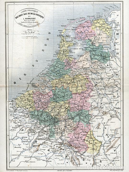 Arte: MAPA DE B&Eacute;LGICA Y HOLANDA EN 1884, VUILLEMIN & BONNEFONT, LITOGRAF&Iacute;A. CARTA GEOGR&Aacute;FICA, CARTOGRAF&Iacute;A