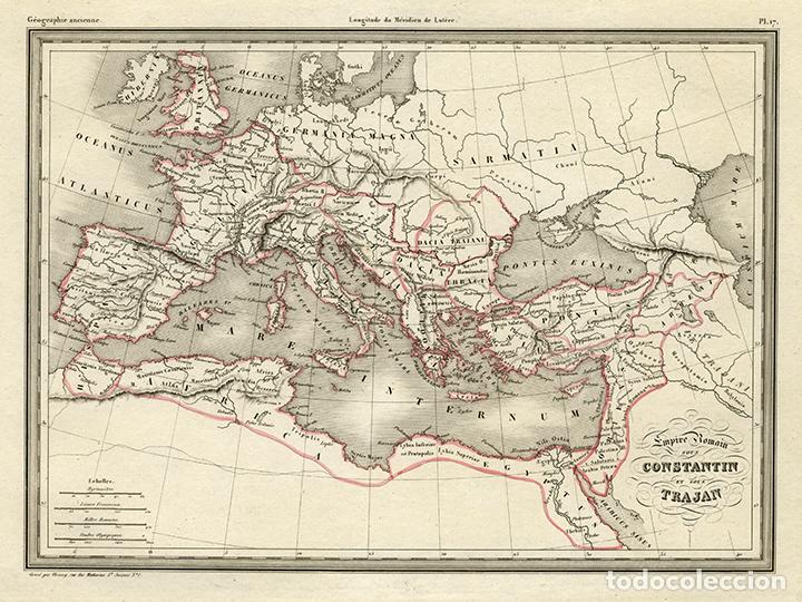 Arte: MAPA IMPERIO ROMANO DE TRAJANO Y CONSTANTINO, MALTE-BRUN, 1837. GRABADO AL ACERO, COLOREADO. THIERRY