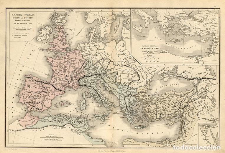 Arte: MAPA DEL IMPERIO ROMANO DIVIDIDO POR TEODOSIO, LITOGRAF&Iacute;A DE 1865 DE DRIOUX & LEROY. CARTOGRAF&Iacute;A