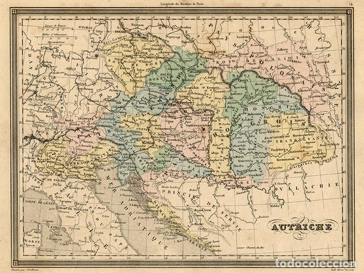 Arte: MAPA DEL IMPERIO AUSTROH&Uacute;NGARO, DE 1850, POR VUILLEMIN. GRABADO AL ACERO, COLOREADO A MANO