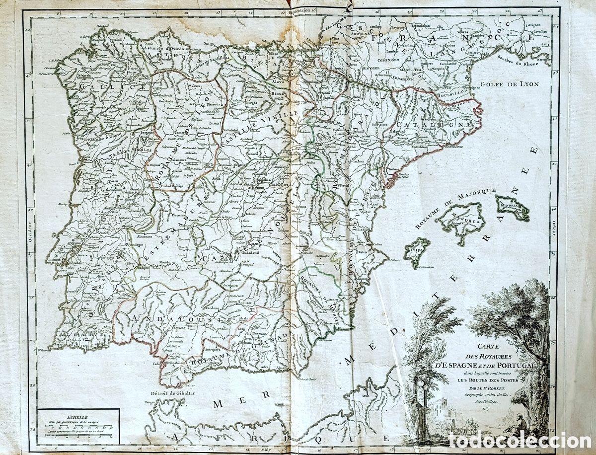 Arte: Mapa antiguo de Espa&ntilde;a y Portugal de 1757, Gilles Robert de Vaugondy (1688-1766)