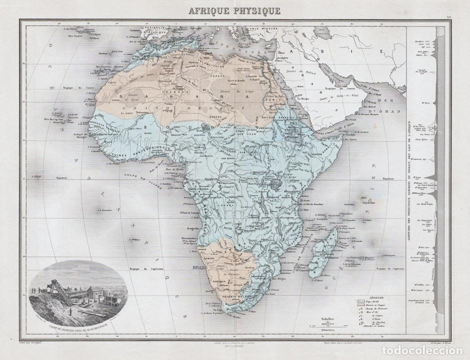 Arte: MAPA DE &Aacute;FRICA F&Iacute;SICA, DE 1894. LITOGRAF&Iacute;A COLOREADA DE G. LORSIGNOL. CARTOGRAF&Iacute;A, ATLAS MIGEON