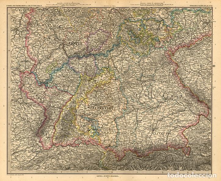 Arte: MAPA (GRABADO COBRE DE 1889) DEL SUR DEL IMPERIO ALEM&Aacute;N (II REICH). STIELER&rsquo;S. BAVIERA, HESSEN...