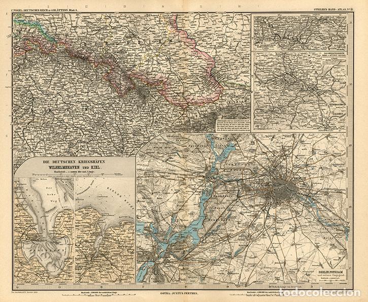 Arte: MAPA (GRABADO COBRE DE 1889) DE LA SILESIA ALEMANA, BERL&Iacute;N, SARRE, KIEL, WILHELMSHAVEN... STIELER&rsquo;S