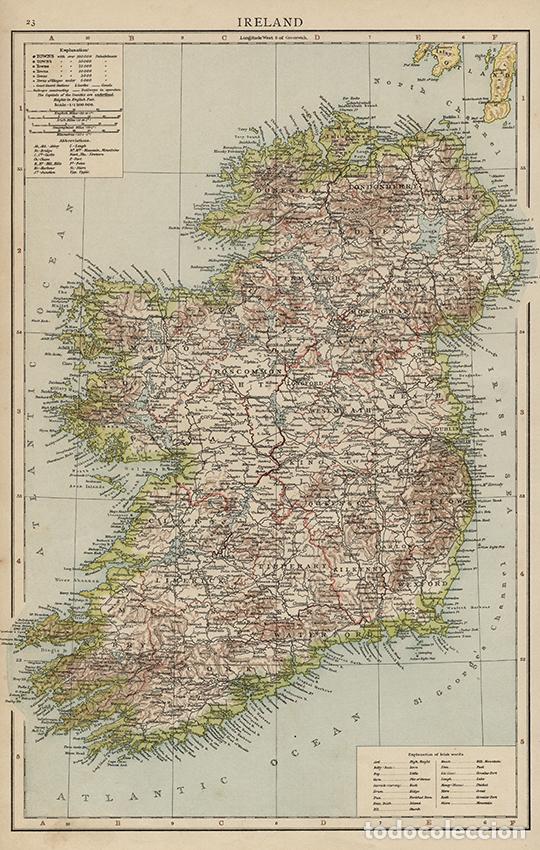Arte: MAPA DE IRLANDA, DE 1895. LITOGRAF&Iacute;A COLOREADA DE LA PRIMERA EDICI&Oacute;N DEL TIMES ATLAS, REINO UNIDO