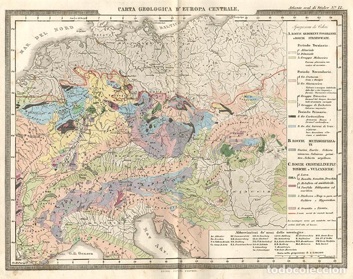 Arte: MAPA GEOL&Oacute;GICO DE LA EUROPA CENTRAL, DE 1865, JUSTUS PERTHES, GRABADO DE COBRE. CARTA, CARTOGRAF&Iacute;A
