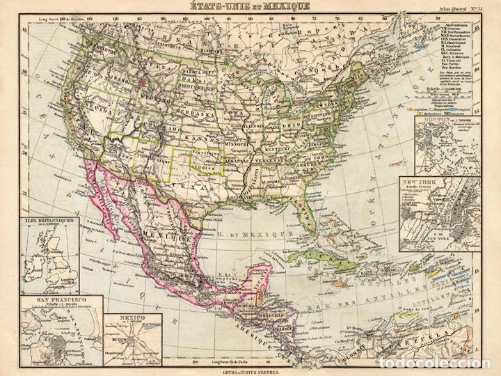Arte: MAPA DE ESTADOS UNIDOS Y M&Eacute;XICO EN 1900, JUSTUS PERTHES, GRABADO DE COBRE. CARTOGRAF&Iacute;A, GEOGRAF&Iacute;A
