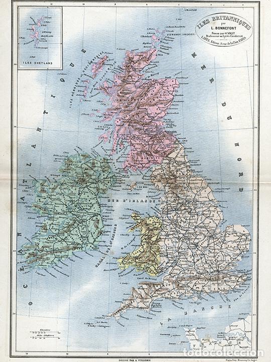 Arte: MAPA DE LAS ISLAS BRIT&Aacute;NICAS EN 1884, VUILLEMIN & BONNEFONT, LITOGRAF&Iacute;A. CARTOGRAF&Iacute;A, REINO UNIDO