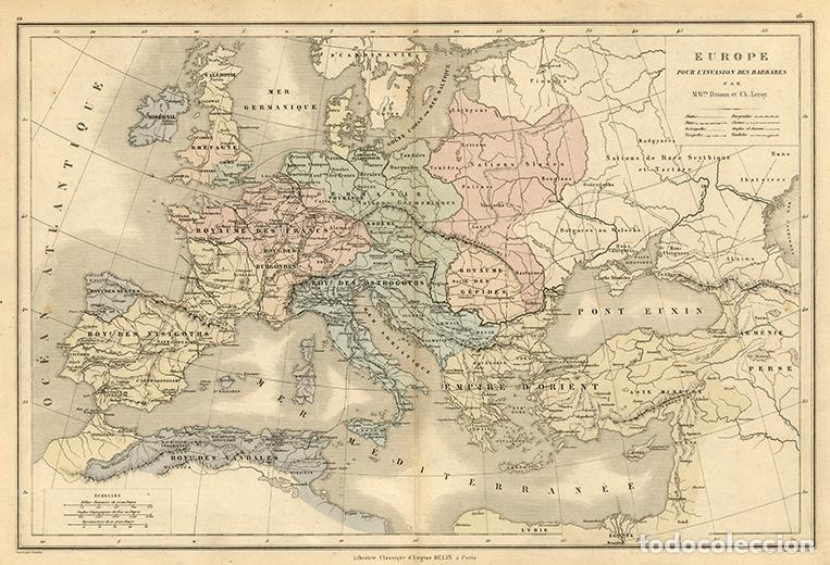 Arte: MAPA DE EUROPA DURANTE LA INVASI&Oacute;N DE LOS B&Aacute;RBAROS, LITOGRAF&Iacute;A DE 1865, DRIOUX & LEROY. CARTOGRAF&Iacute;A