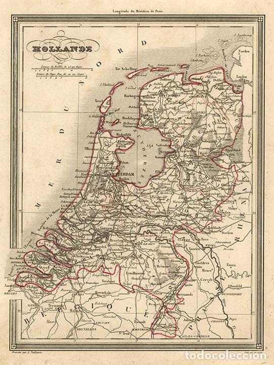 Arte: MAPA DE HOLANDA, DE 1845, POR VUILLEMIN. GRABADO AL ACERO, COLOREADO A MANO. PA&Iacute;SES BAJOS, NEDERLAND